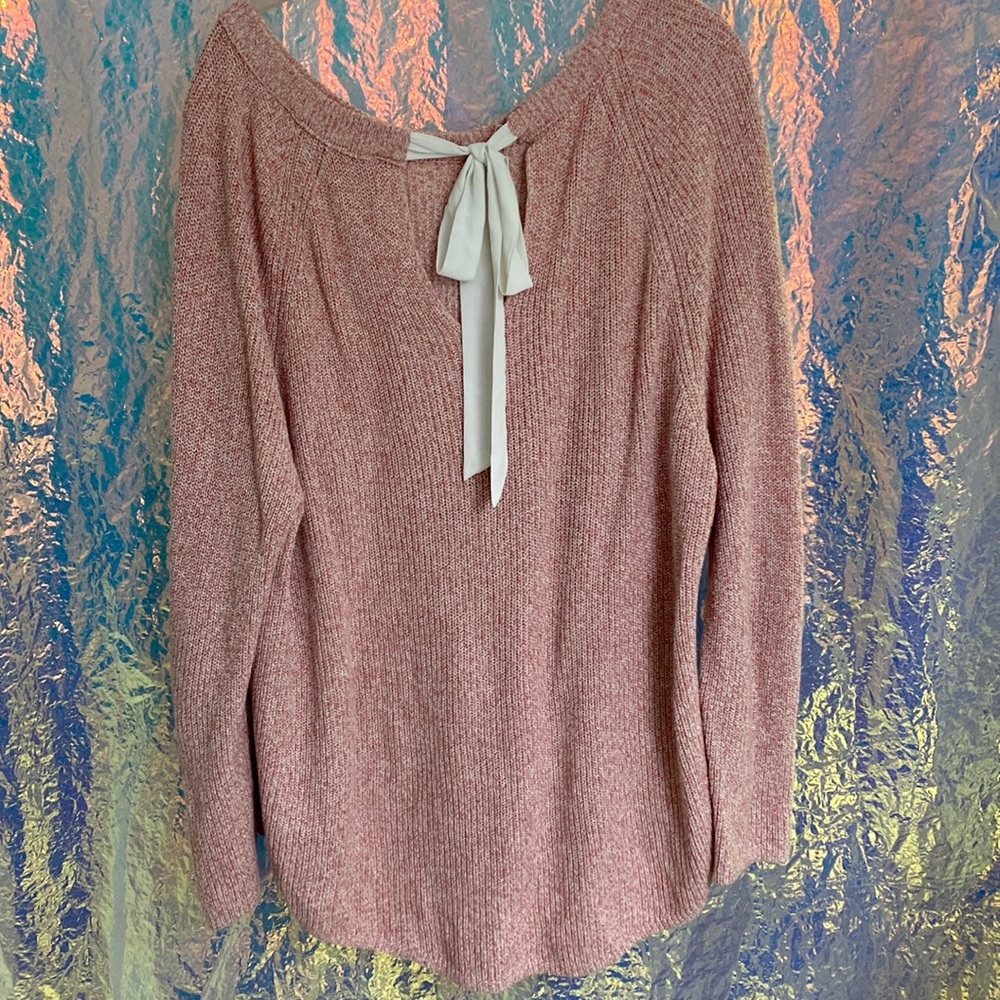 LOFT Sweater with Ribbon Tie in Back, Pink & White, Gently Worn, XL